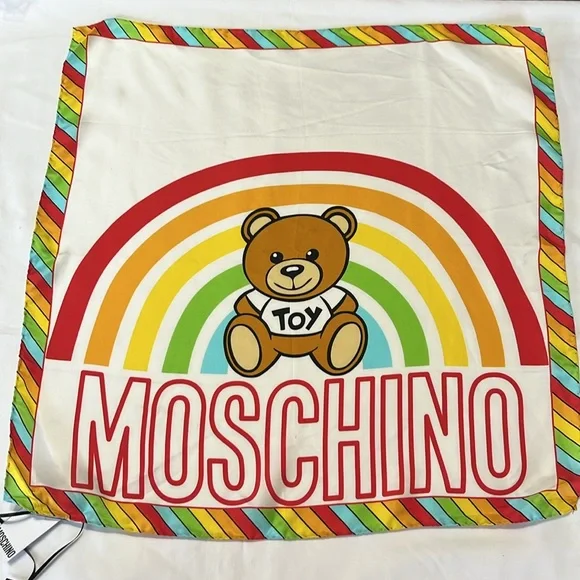Moschino Rainbow Toy Bear Scarf Silk made in Italy 20in x 20in NWT - Picture 1 of 8